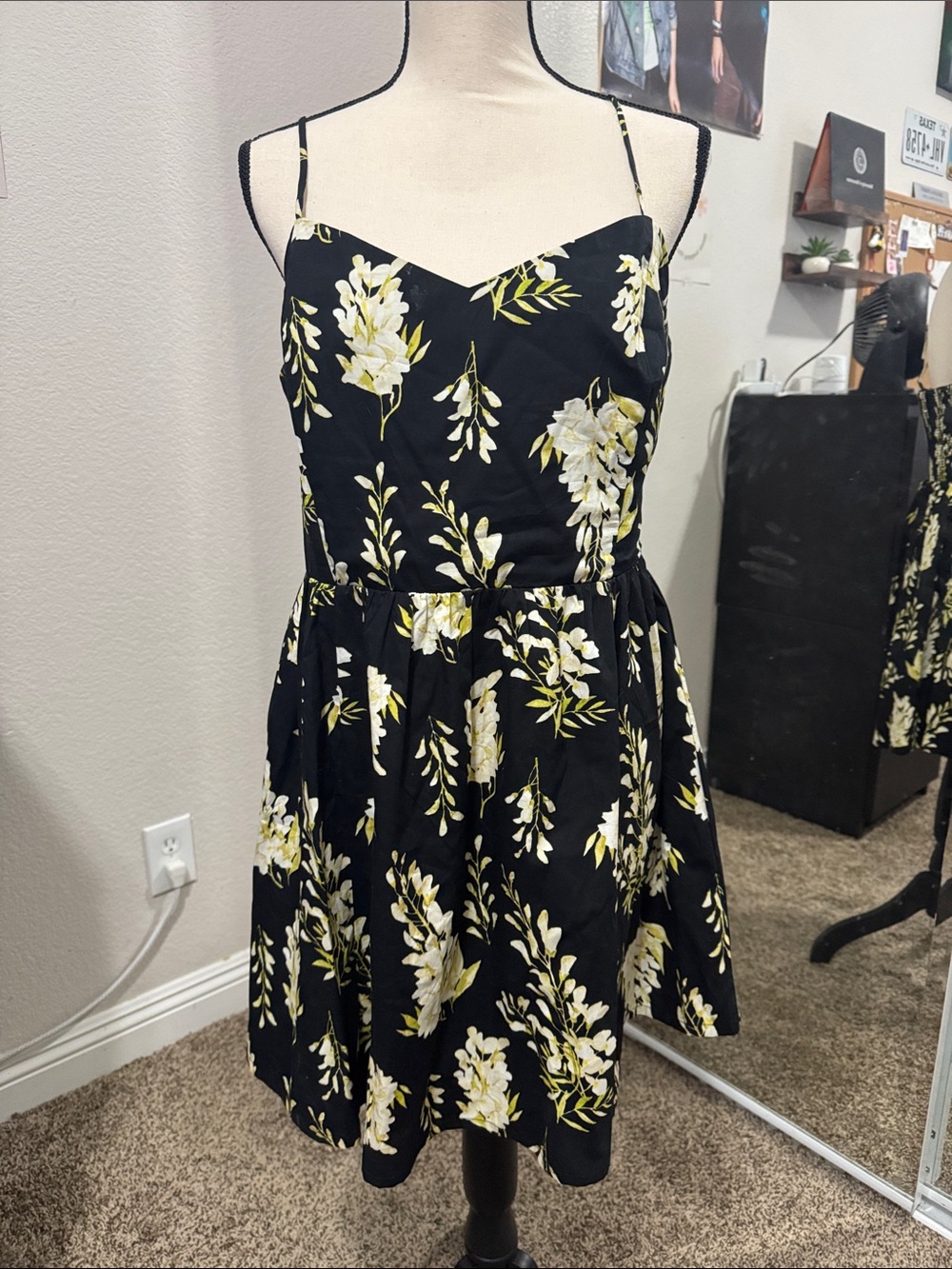 H&M Black Floral Spaghetti-Strap Midi Dress